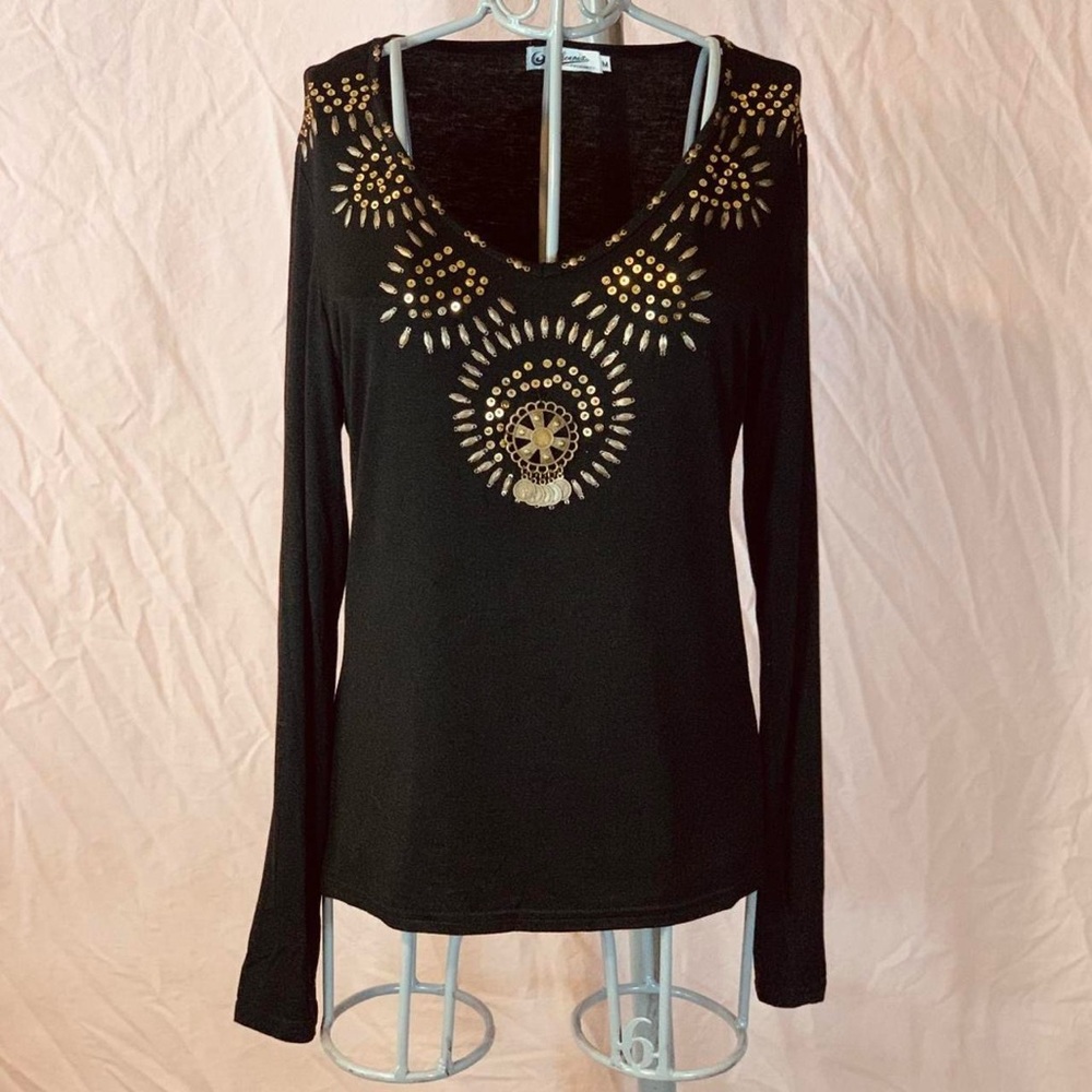Black Long Sleeve Top with Gold Accents Beaded Medium